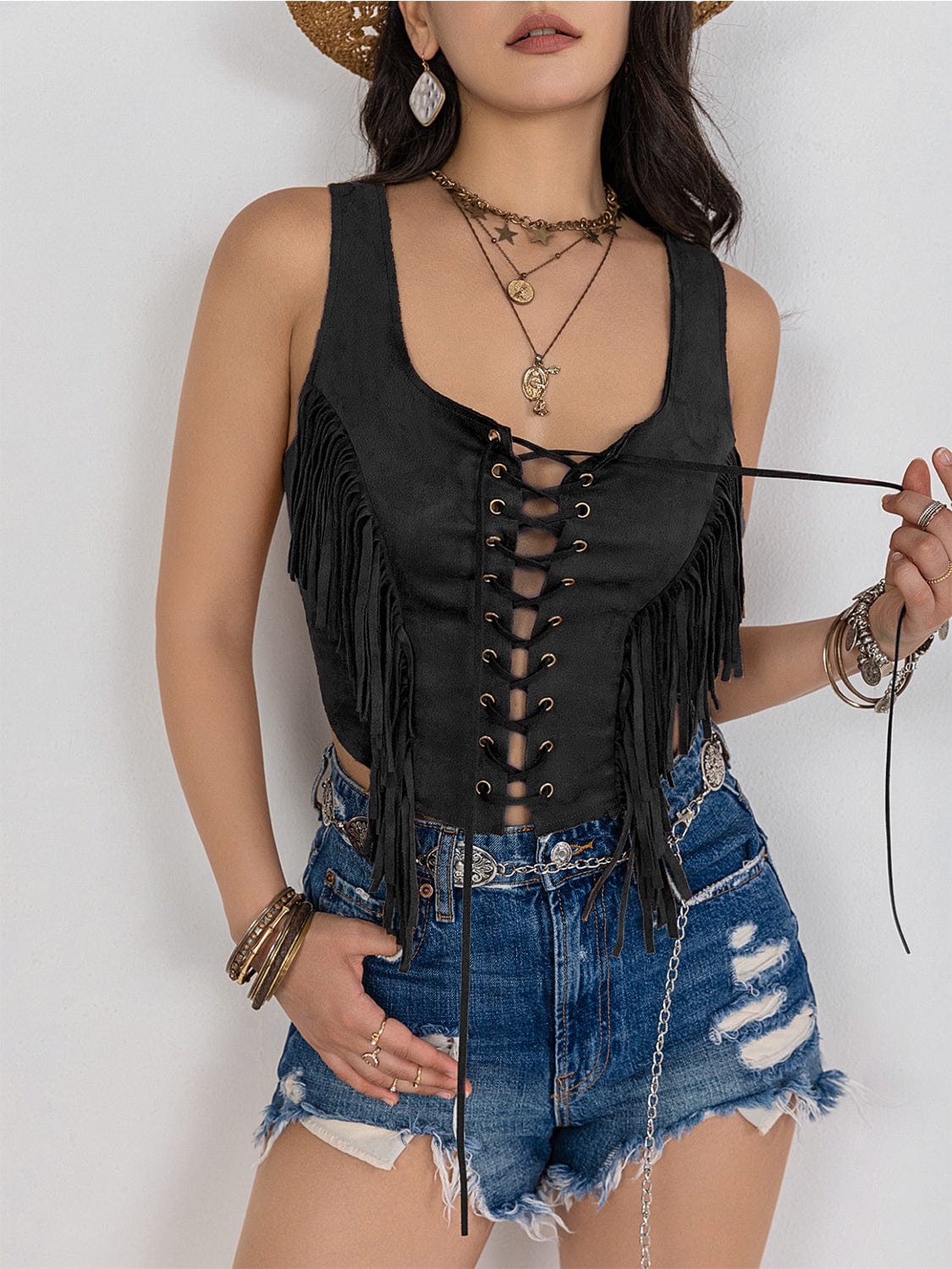 Trendsi Fringe Lace-Up Vest Fringe Lace-Up Vest
