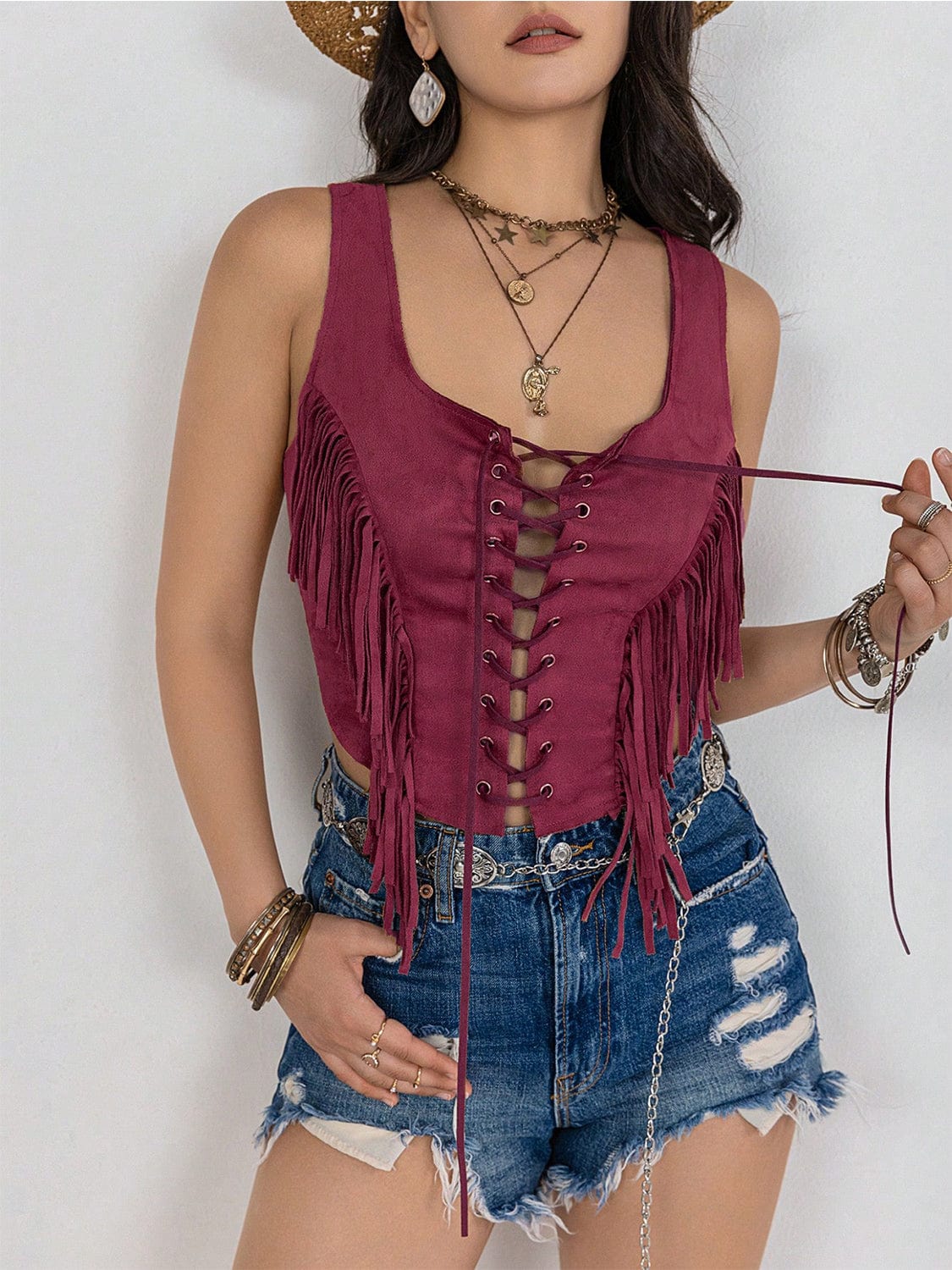 Trendsi Fringe Lace-Up Vest Fringe Lace-Up Vest