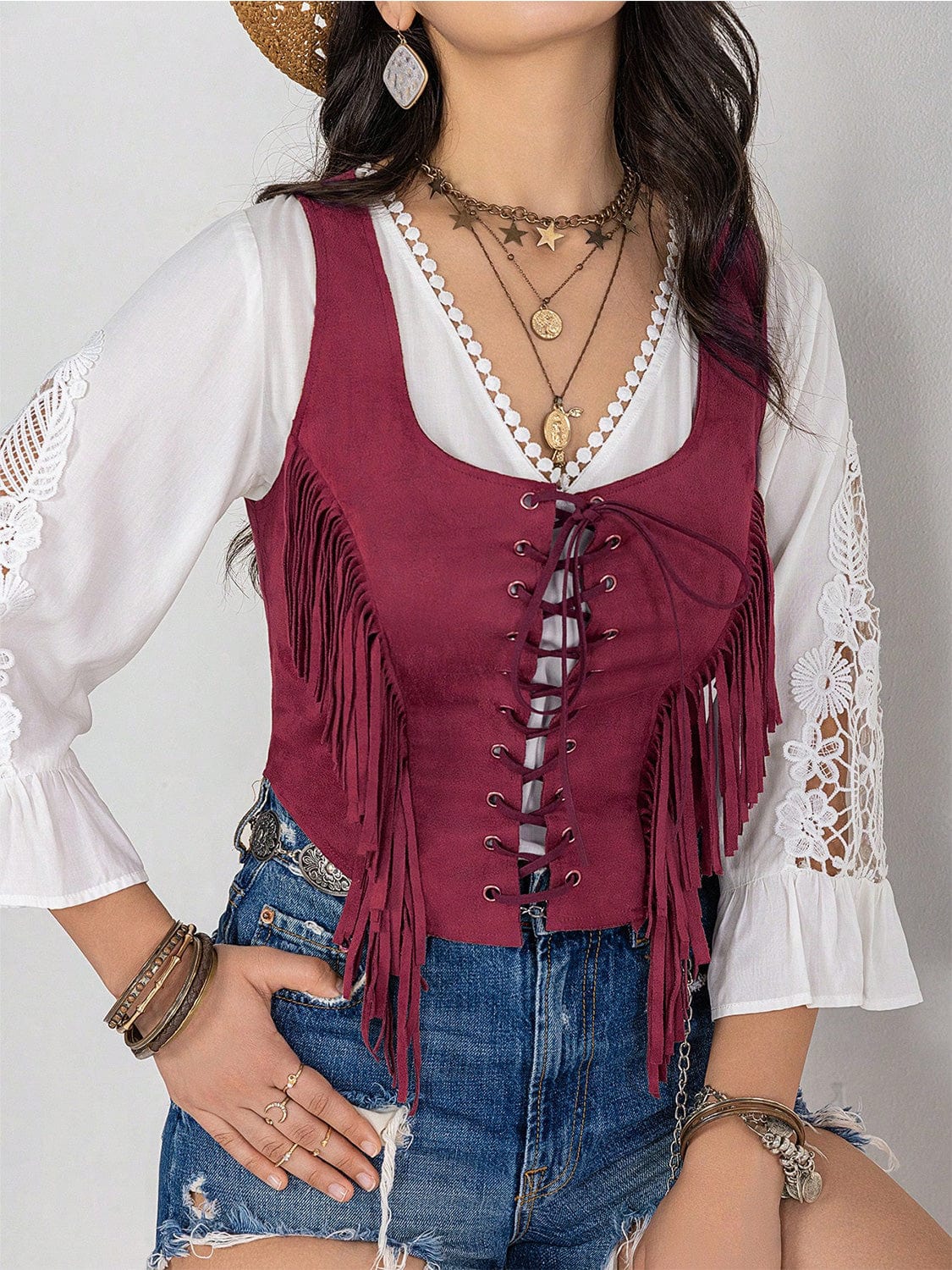 Trendsi Fringe Lace-Up Vest Fringe Lace-Up Vest