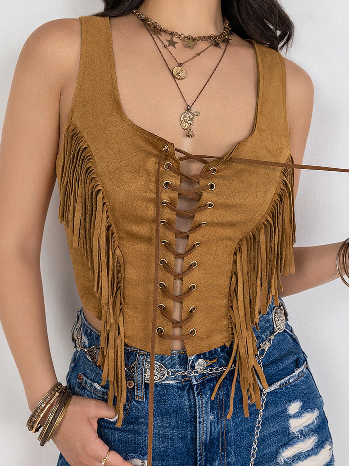 Trendsi Fringe Lace-Up Vest Fringe Lace-Up Vest
