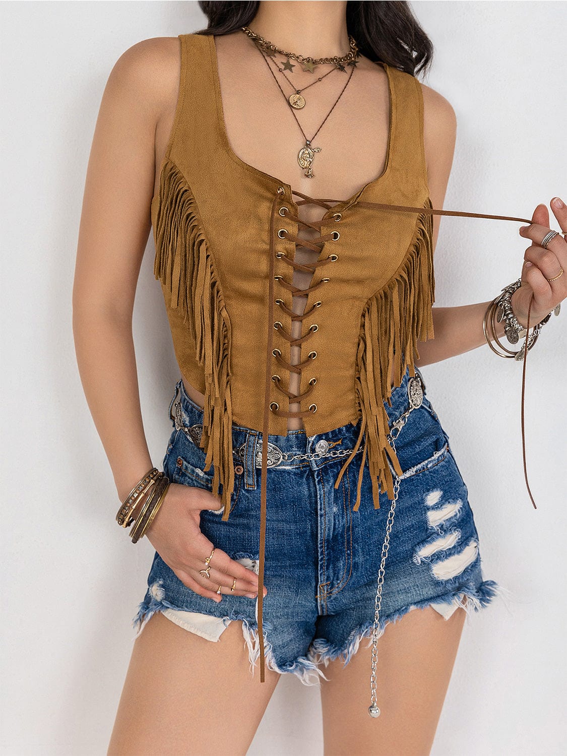 Trendsi Fringe Lace-Up Vest Fringe Lace-Up Vest