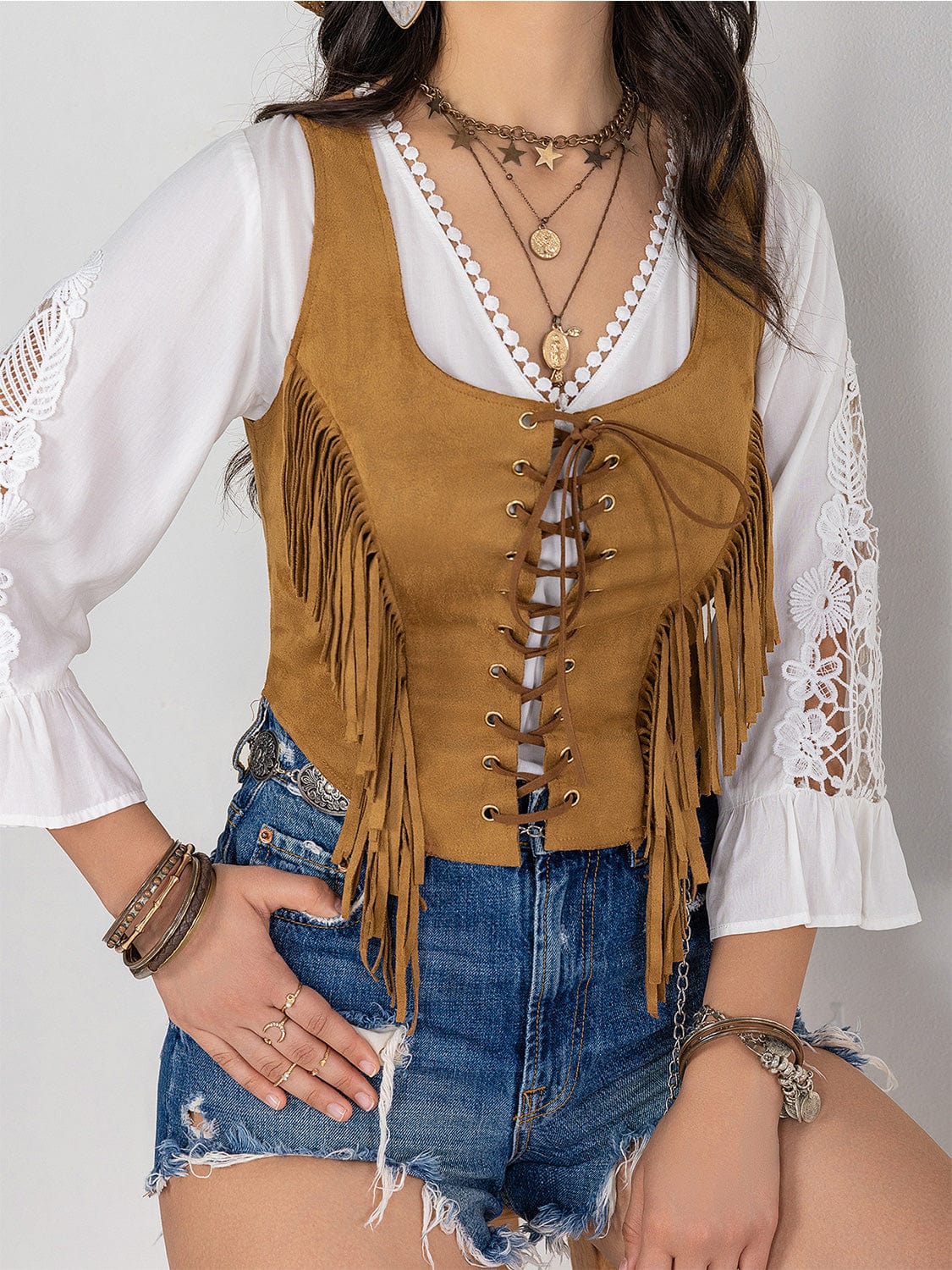 Trendsi Fringe Lace-Up Vest Fringe Lace-Up Vest