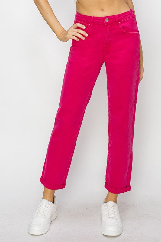 Trendsi FUCHSIA / 0 RISEN High Waist Rolled Hem Straight Jeans RISEN High Waist Rolled Hem Straight Jeans
