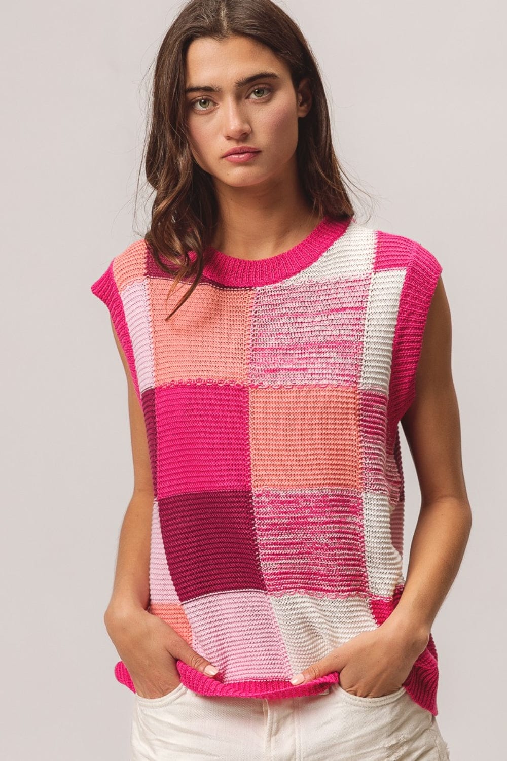 Trendsi Fuchsia Combo / S BiBi Color Block Round Neck Sweater Vest BiBi Color Block Round Neck Sweater Vest