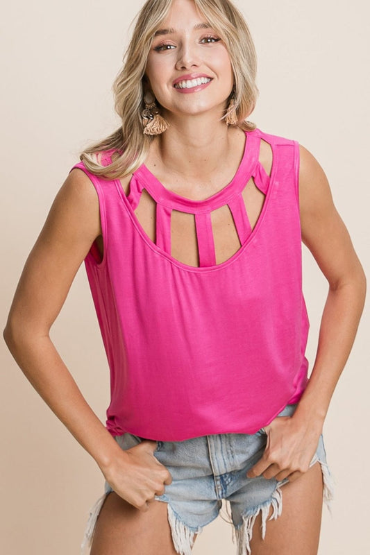 Trendsi Fuchsia / S BiBi Cutout Round Neck Sleeveless Top BiBi Cutout Round Neck Sleeveless Top