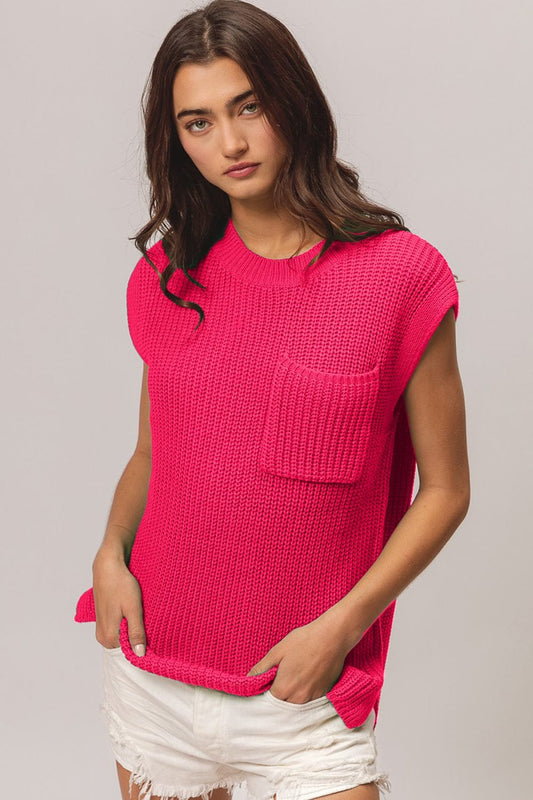 Trendsi Fuchsia / S BiBi Patch Pocket Cap Sleeve Sweater Top BiBi Patch Pocket Cap Sleeve Sweater Top