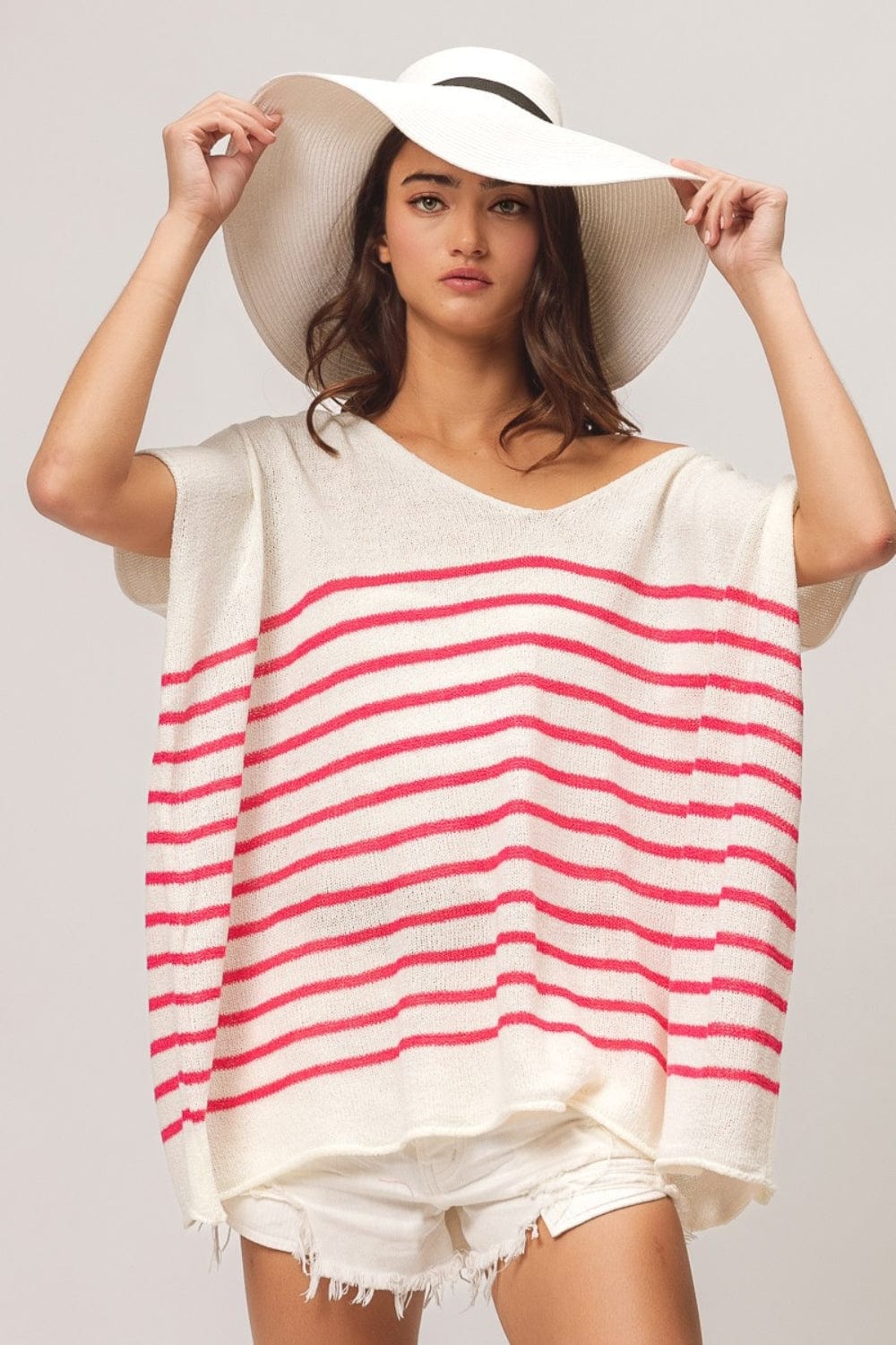 Trendsi Fuchsia / S BiBi V Neck Striped Short Sleeve Top BiBi V Neck Striped Short Sleeve Top