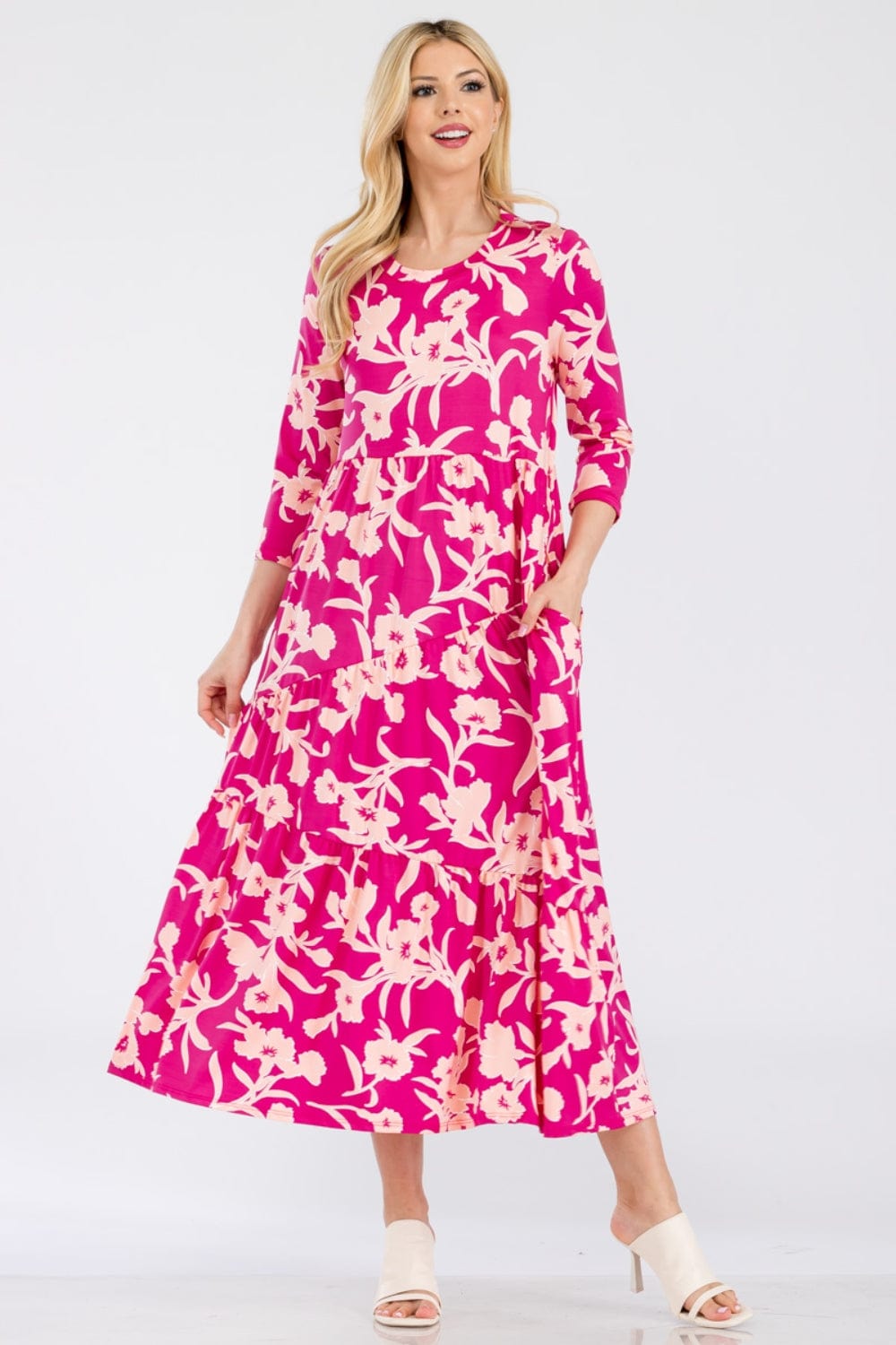 Trendsi FUCHSIA / S Celeste Full Size Floral Round Neck Ruffle Hem Dress Celeste Full Size Floral Round Neck Ruffle Hem Dress