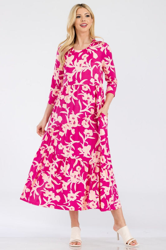 Trendsi FUCHSIA / S Celeste Full Size Floral Round Neck Ruffle Hem Dress Celeste Full Size Floral Round Neck Ruffle Hem Dress