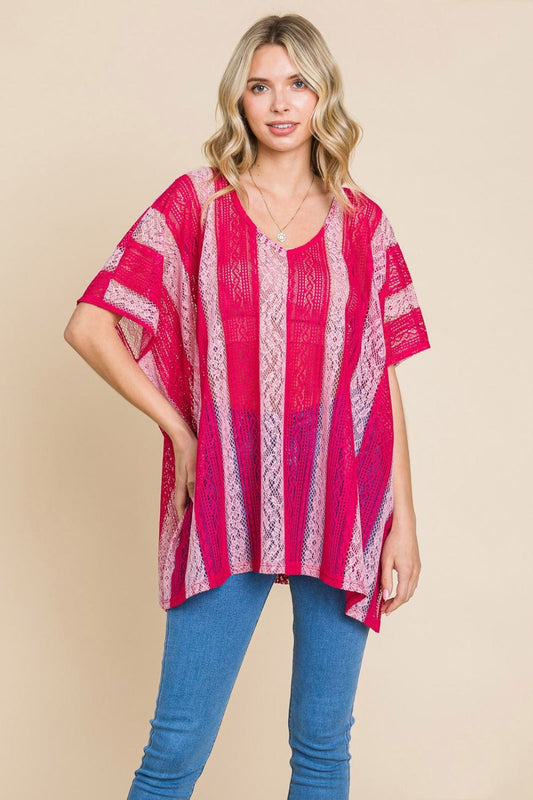 Trendsi Fuchsia / S Cotton Bleu by Nu Label V Neck Drop Shoulder Oversize Top Cotton Bleu by Nu Label V Neck Drop Shoulder Oversize Top