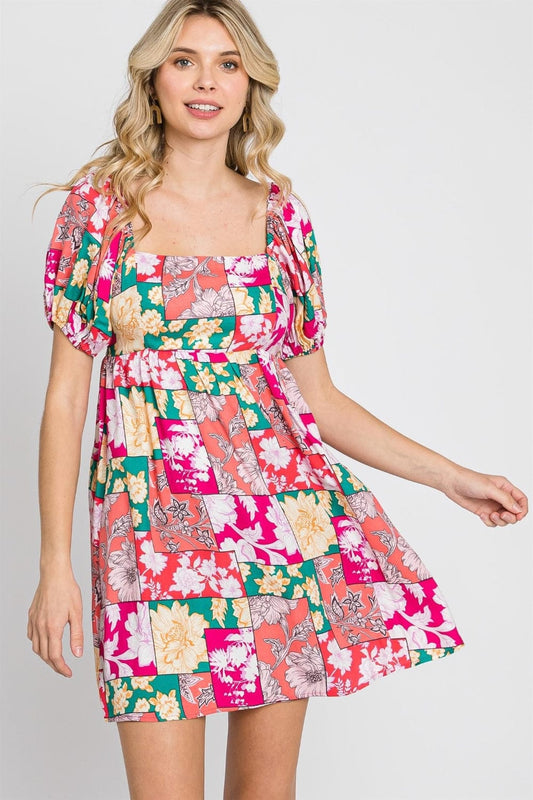 Trendsi Fuchsia / S GeeGee Floral Ruff Sleeve Mini Dress GeeGee Floral Ruff Sleeve Mini Dress