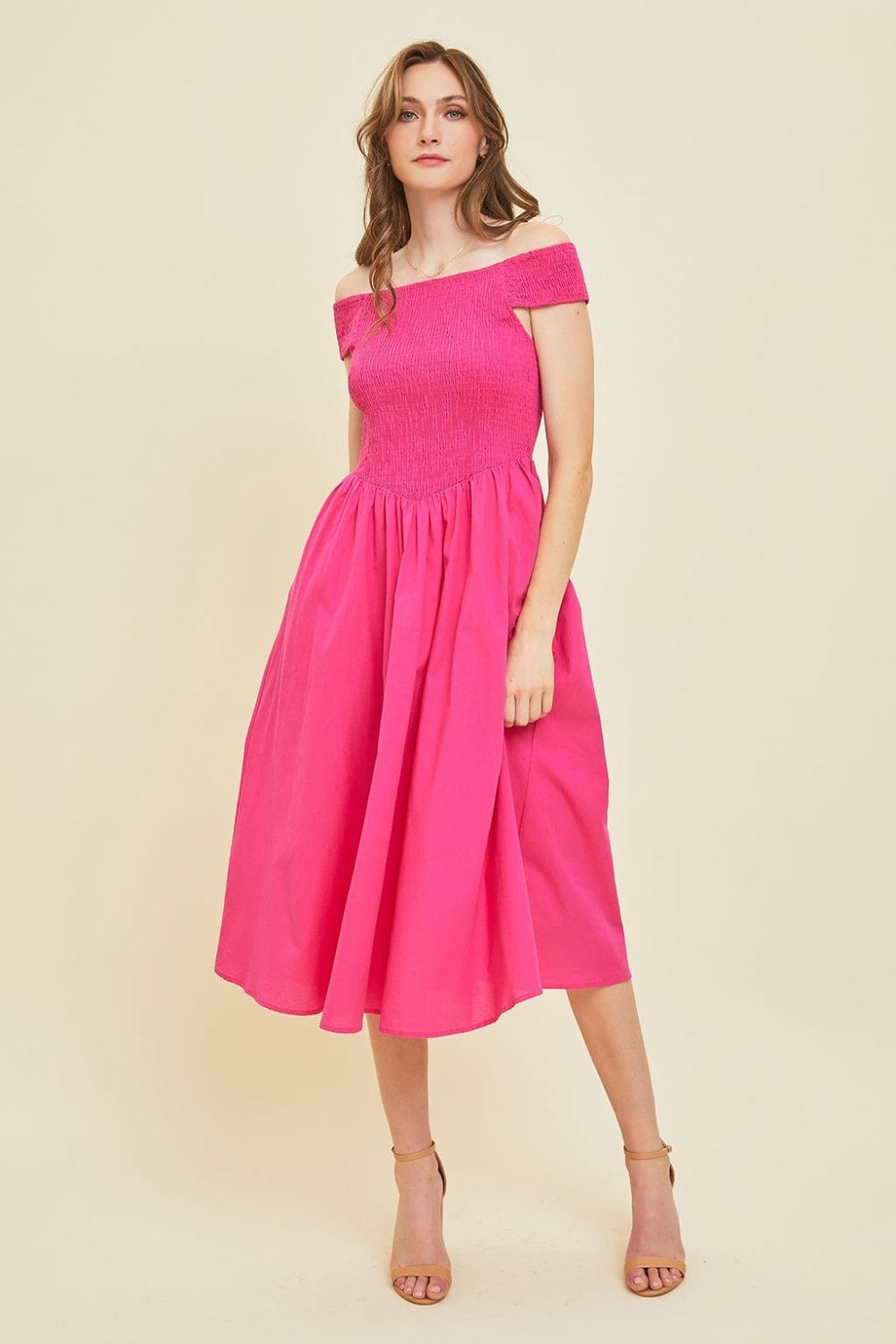Trendsi Fuchsia / S HEYSON Off-Shoulder Smocked Midi Dress HEYSON Off-Shoulder Smocked Midi Dress