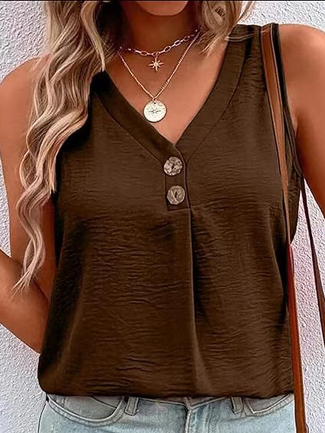 Trendsi Full Size Decorative Button V-Neck Tank Full Size Decorative Button V-Neck Tank
