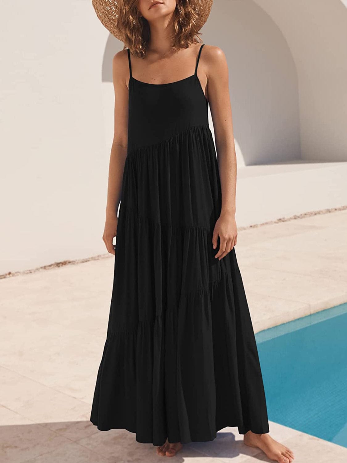 Trendsi Full Size Ruched Tiered Spaghetti Strap Dress Full Size Ruched Tiered Spaghetti Strap Dress