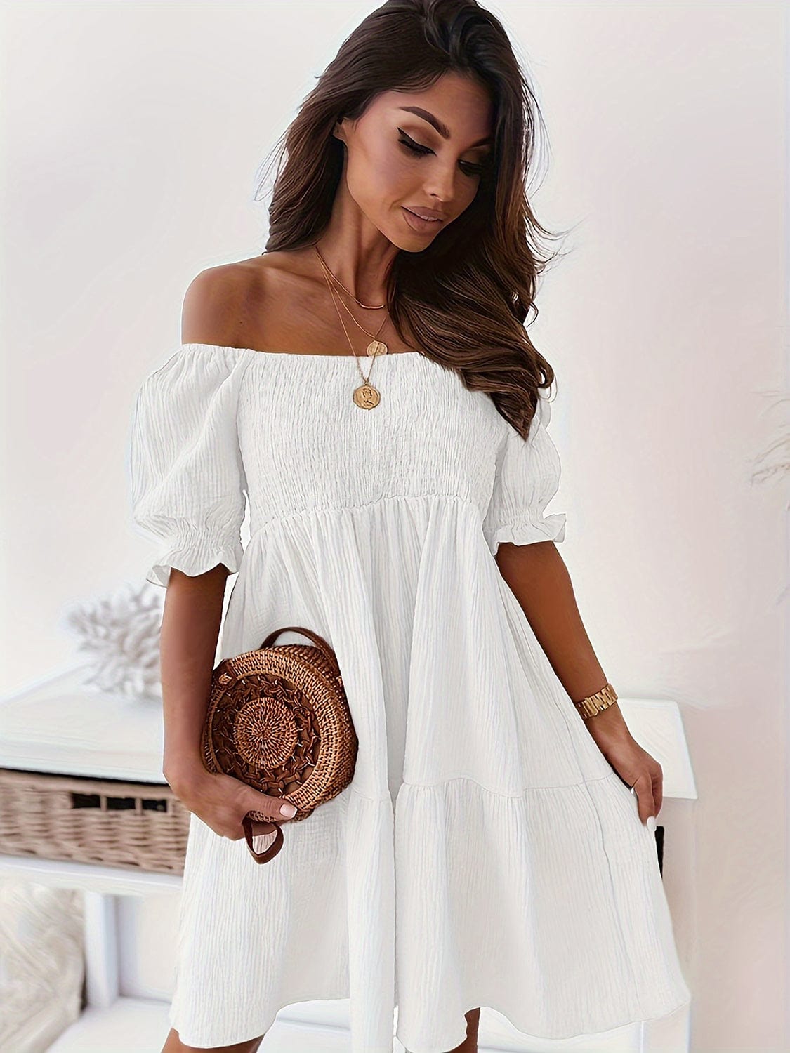 Trendsi Full Size Ruffled Off-Shoulder Short Sleeve Dress Full Size Ruffled Off-Shoulder Short Sleeve Dress