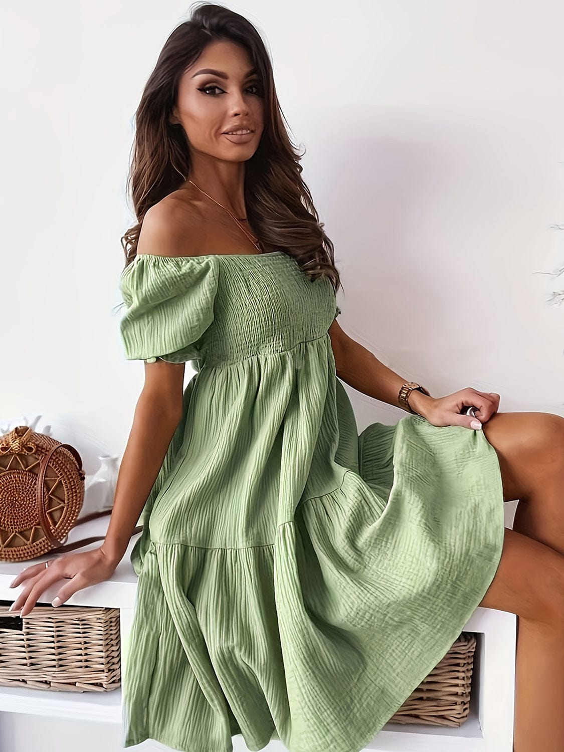 Trendsi Full Size Ruffled Off-Shoulder Short Sleeve Dress Full Size Ruffled Off-Shoulder Short Sleeve Dress