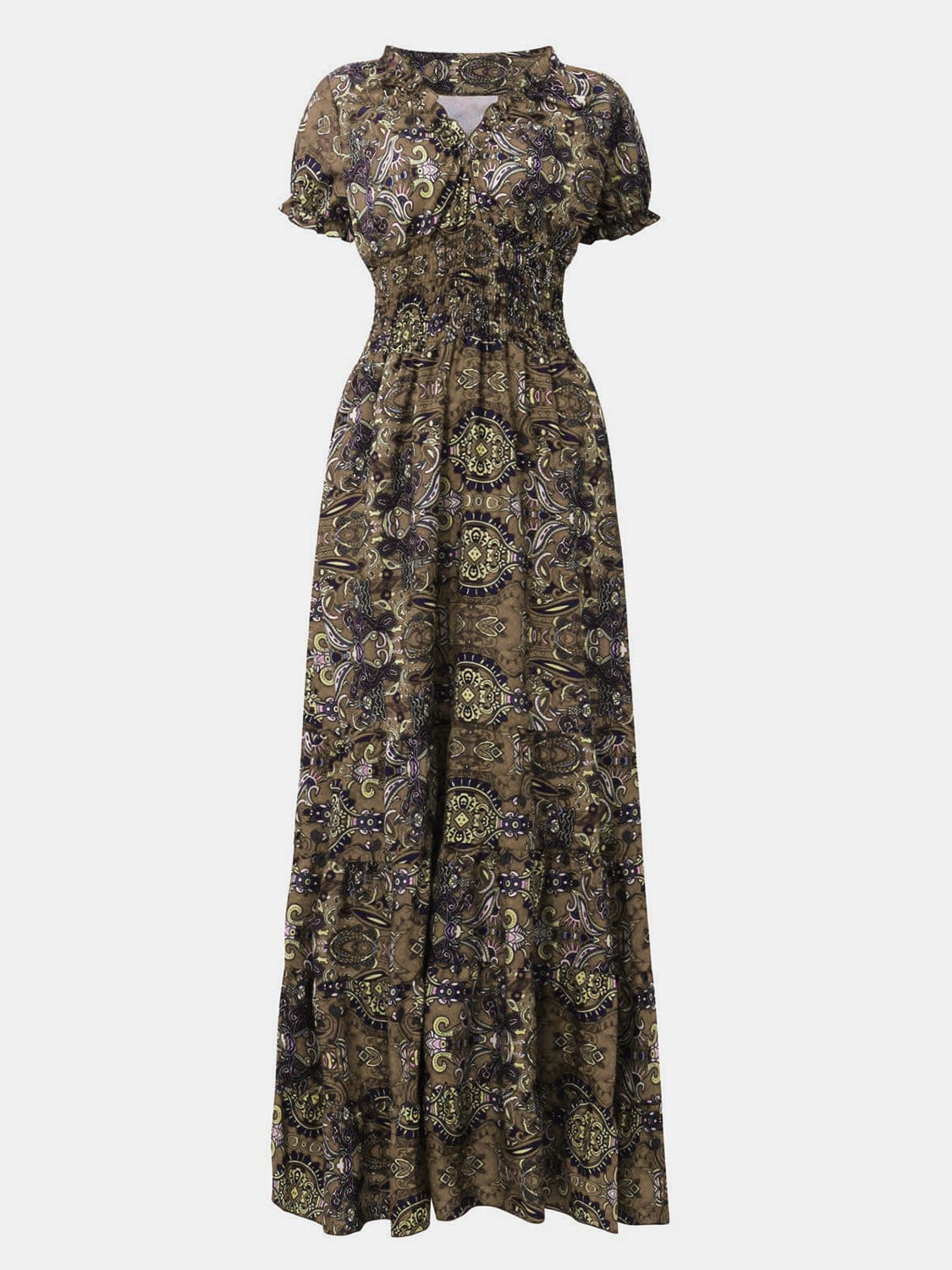 Trendsi Full Size Smocked Printed V-Neck Short Sleeve Dress Full Size Smocked Printed V-Neck Short Sleeve Dress