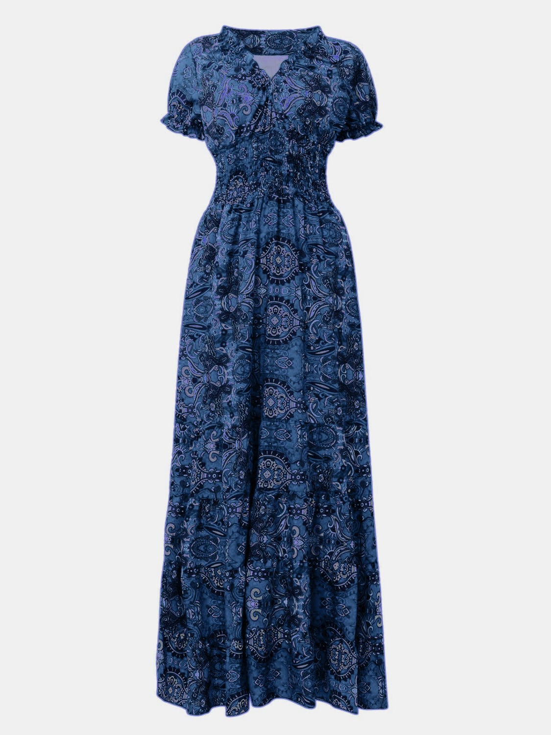 Trendsi Full Size Smocked Printed V-Neck Short Sleeve Dress Full Size Smocked Printed V-Neck Short Sleeve Dress