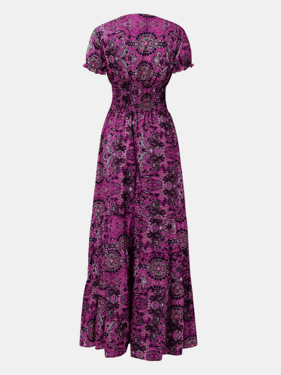 Trendsi Full Size Smocked Printed V-Neck Short Sleeve Dress Full Size Smocked Printed V-Neck Short Sleeve Dress