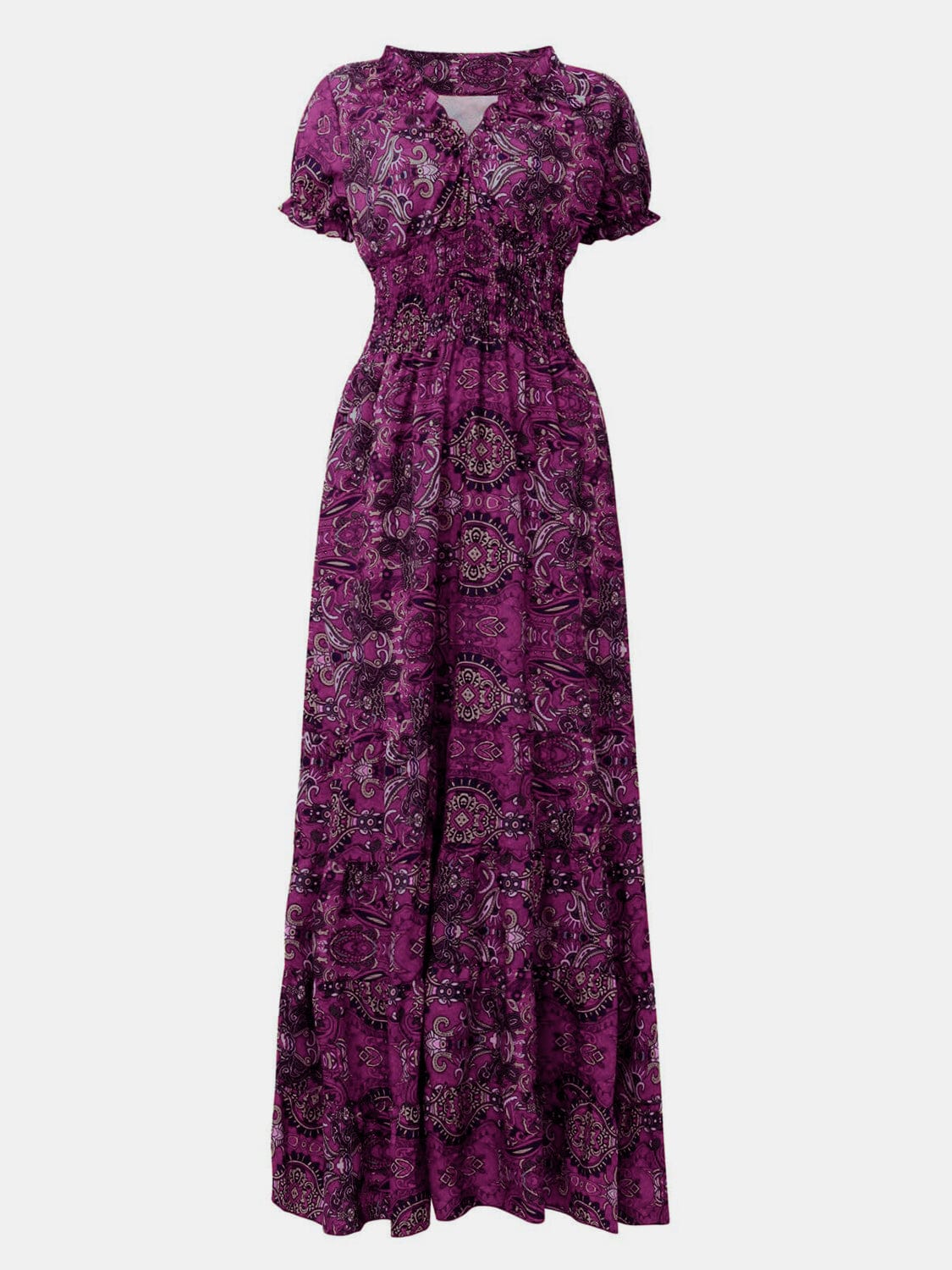 Trendsi Full Size Smocked Printed V-Neck Short Sleeve Dress Full Size Smocked Printed V-Neck Short Sleeve Dress