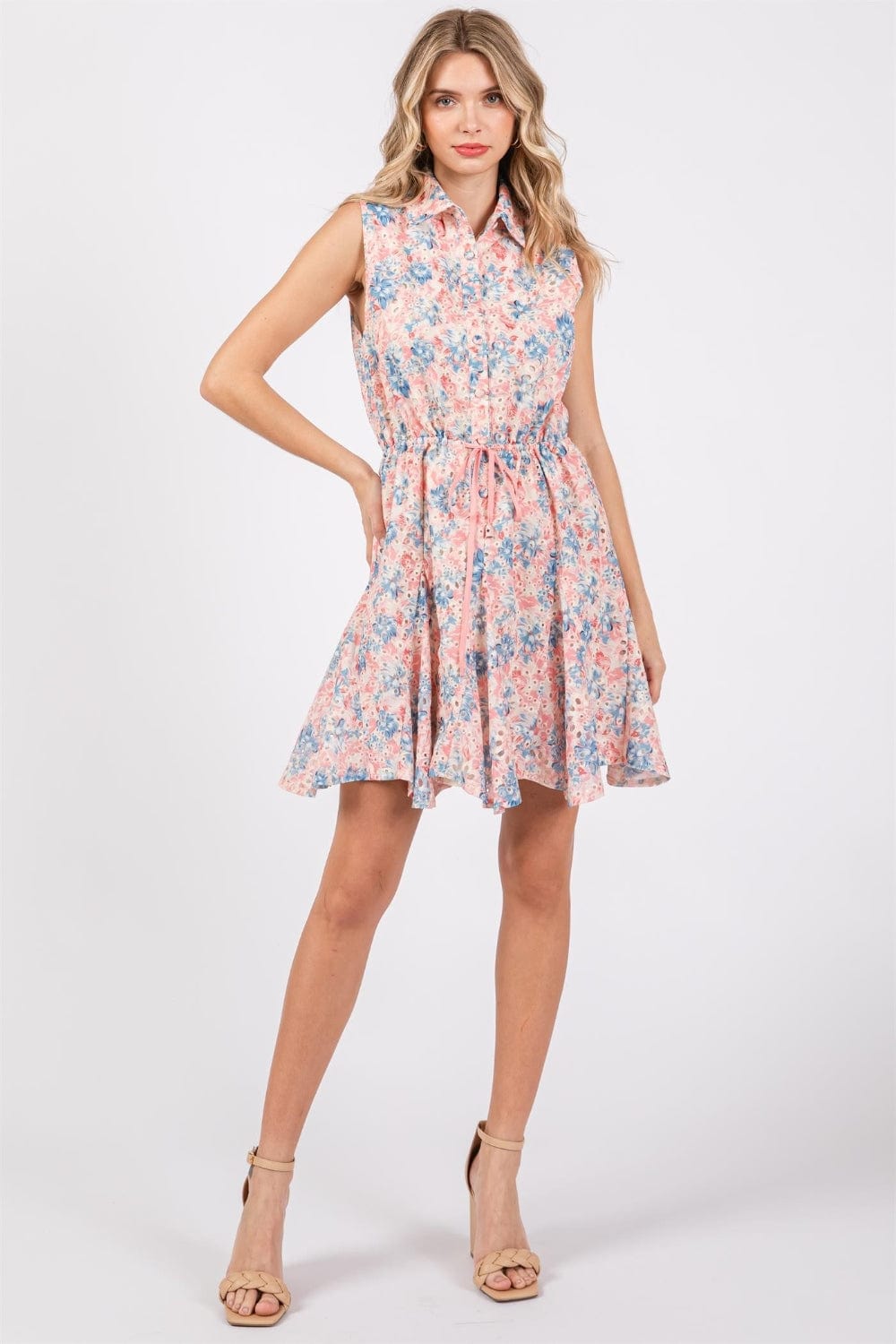 Trendsi GeeGee Full Size Floral Eyelet Sleeveless Mini Dress GeeGee Full Size Floral Eyelet Sleeveless Mini Dress