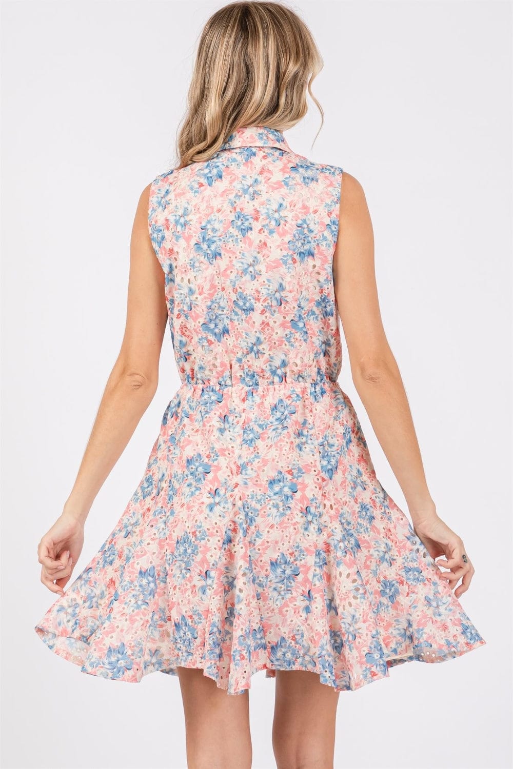 Trendsi GeeGee Full Size Floral Eyelet Sleeveless Mini Dress GeeGee Full Size Floral Eyelet Sleeveless Mini Dress