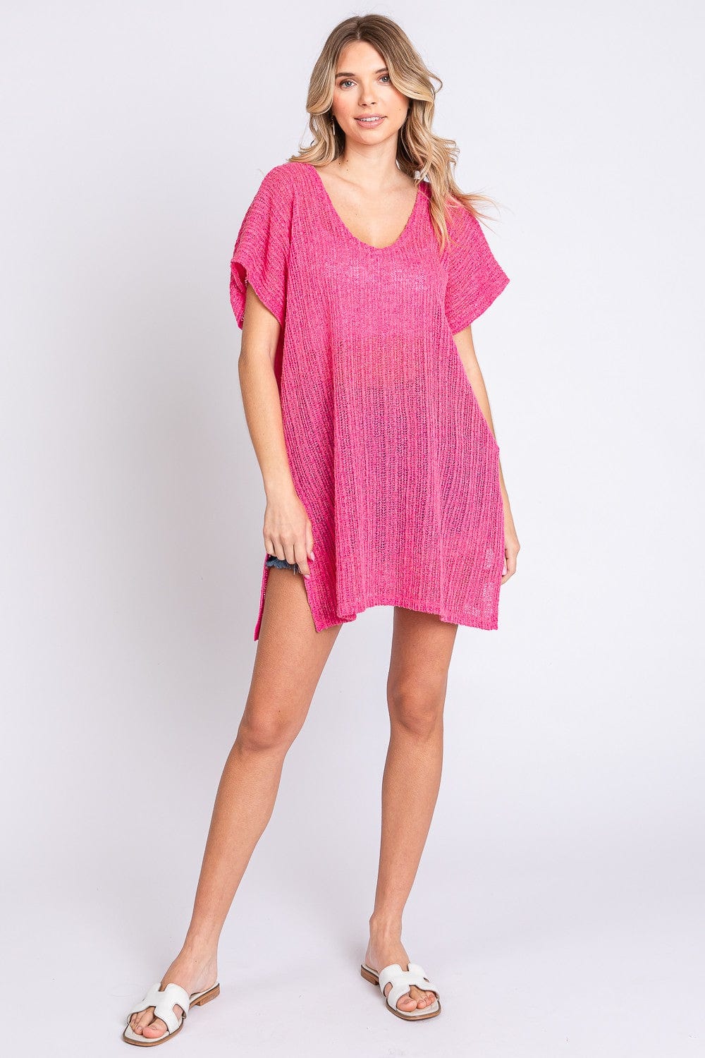 Trendsi GeeGee Short Sleeve Side Slit Knit Cover Up Dress GeeGee Short Sleeve Side Slit Knit Cover Up Dress
