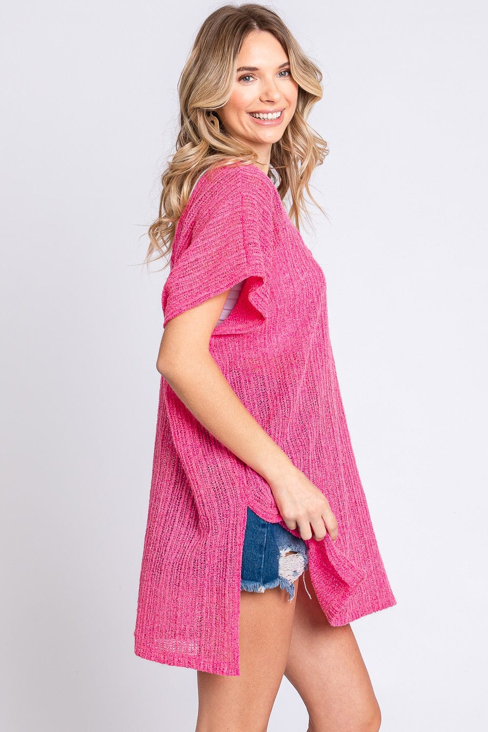 Trendsi GeeGee Short Sleeve Side Slit Knit Cover Up Dress GeeGee Short Sleeve Side Slit Knit Cover Up Dress