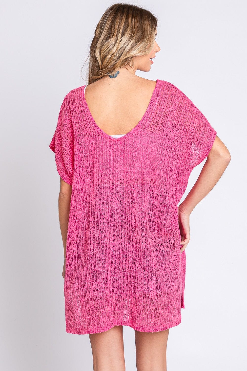 Trendsi GeeGee Short Sleeve Side Slit Knit Cover Up Dress GeeGee Short Sleeve Side Slit Knit Cover Up Dress
