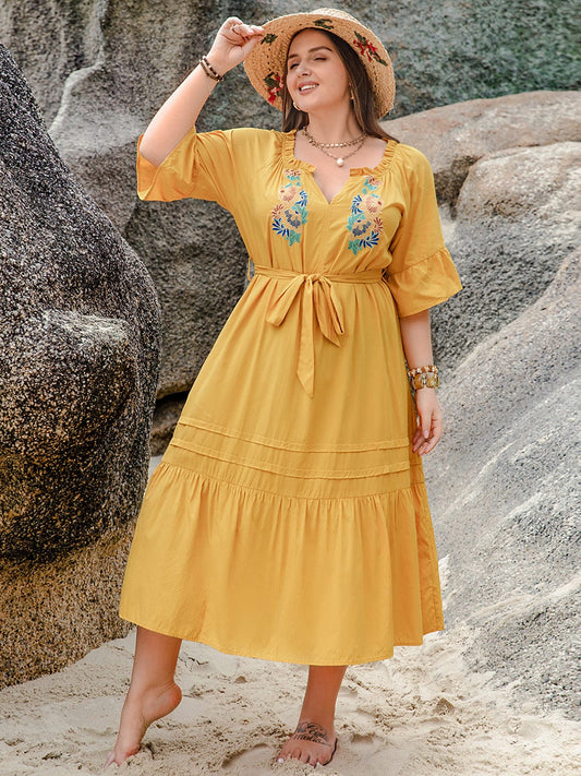 Trendsi Gold / 0XL Plus Size Notched Tie Waist Half Sleeve Midi Dress Plus Size Notched Tie Waist Half Sleeve Midi Dress