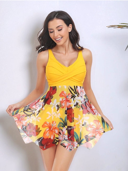 Trendsi Gold / M Printed Wide Strap Two-Piece Swim Set Printed Wide Strap Two-Piece Swim Set