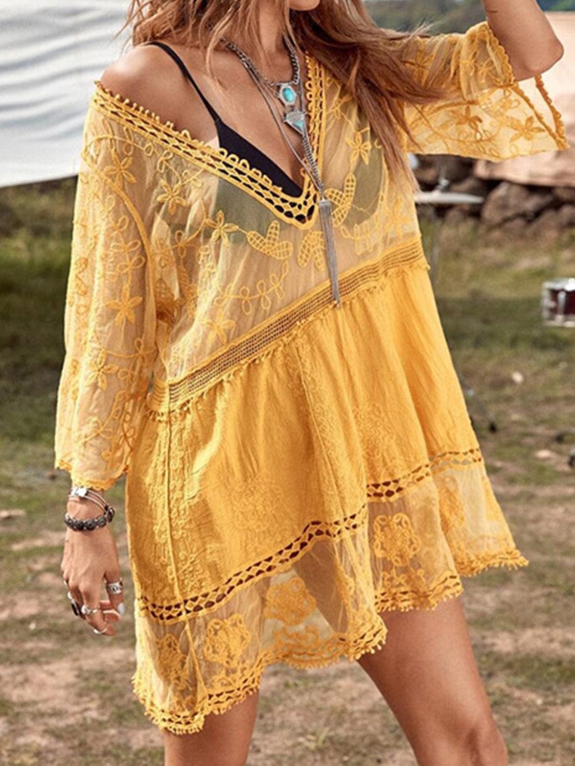 Trendsi Gold / One Size Lace Detail Plunge Cover-Up Dress Lace Detail Plunge Cover-Up Dress