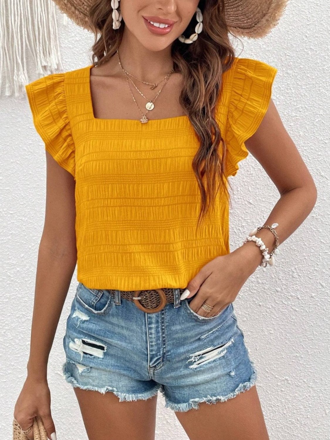 Trendsi Gold / S Ruffled Square Neck Cap Sleeve Blouse Ruffled Square Neck Cap Sleeve Blouse