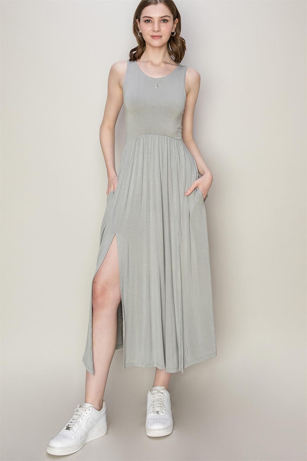 Trendsi Gray / S HYFVE Sleeveless Slit Midi Dress HYFVE Sleeveless Slit Midi Dress