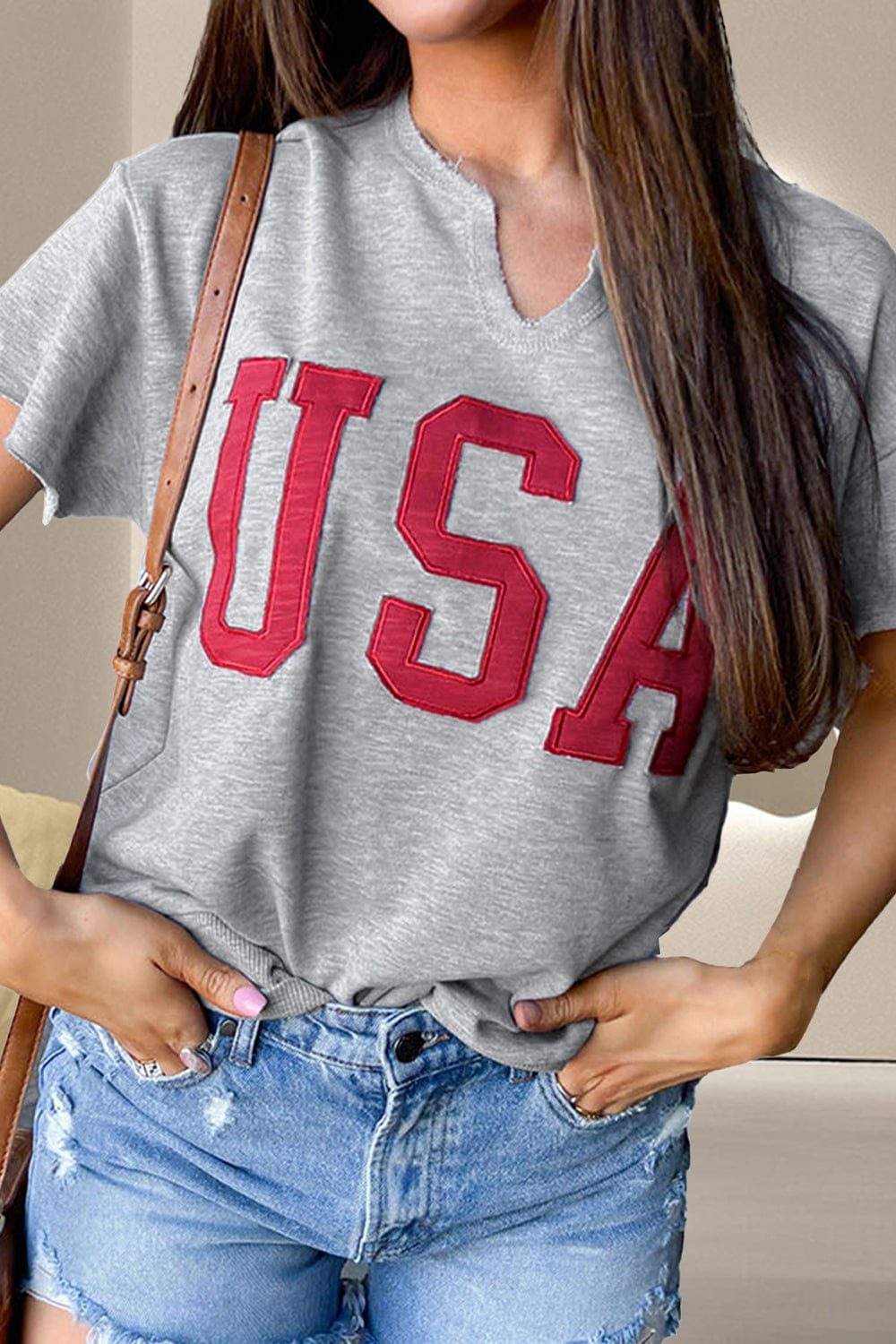 Trendsi Gray / S USA Notched Short Sleeve T-Shirt USA Notched Short Sleeve T-Shirt