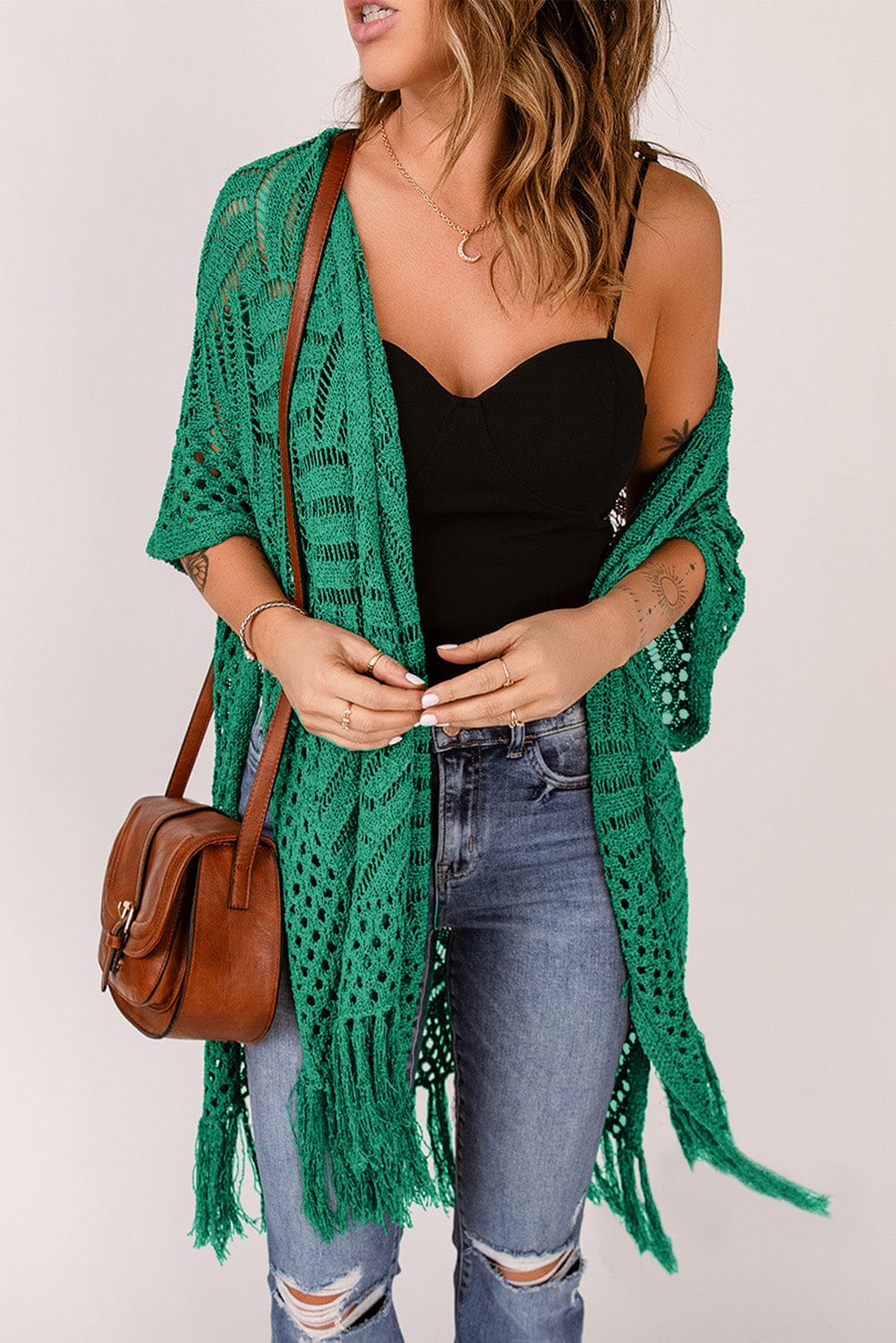 Trendsi Green / One Size Openwork Open Front Cardigan with Fringes Openwork Open Front Cardigan with Fringes