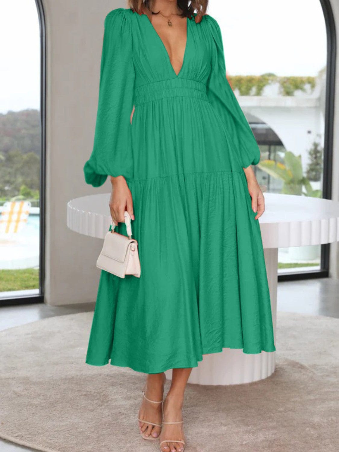 Trendsi Green / S Deep V-Neck Balloon Sleeve Plain Maxi Dress Deep V-Neck Balloon Sleeve Plain Maxi Dress