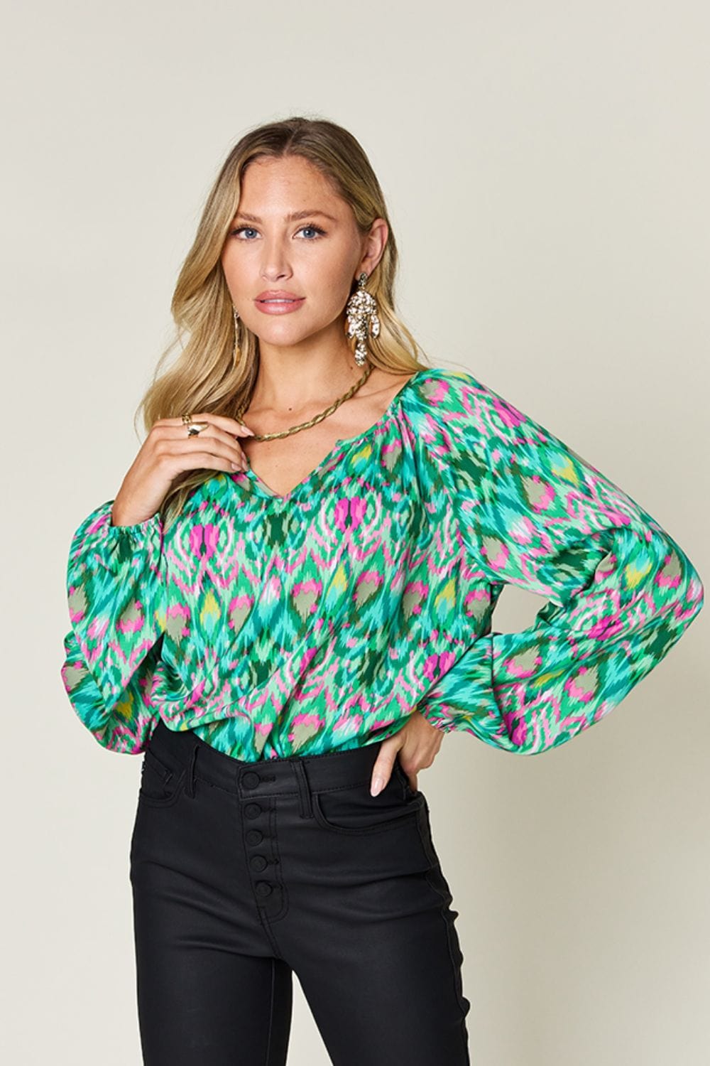 Trendsi Green / S Double Take Full Size Printed Balloon Sleeve Blouse Double Take Full Size Printed Balloon Sleeve Blouse