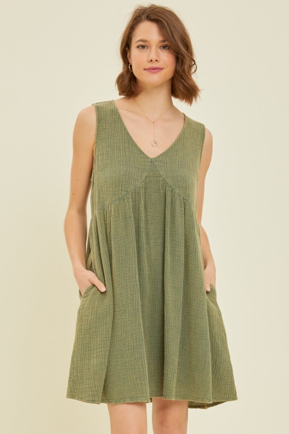 Trendsi Green / S HEYSON Full Size Texture V-Neck Sleeveless Flare Mini Dress HEYSON Full Size Texture V-Neck Sleeveless Flare Mini Dress