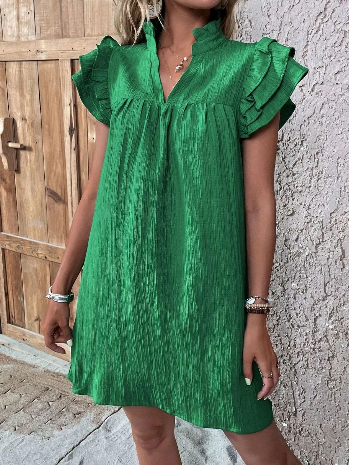 Trendsi Green / S Ruffled Notched Cap Sleeve Mini Dress Ruffled Notched Cap Sleeve Mini Dress