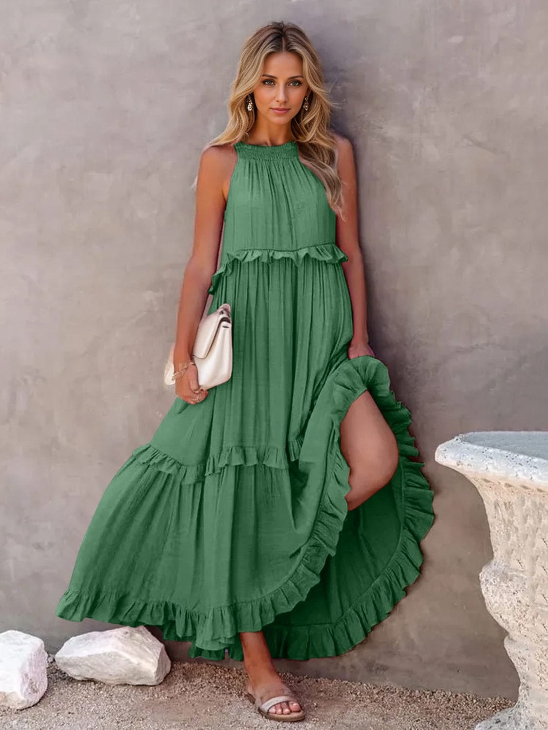 Trendsi Green / S Ruffled Sleeveless Tiered Maxi Dress with Pockets Ruffled Sleeveless Tiered Maxi Dress with Pockets