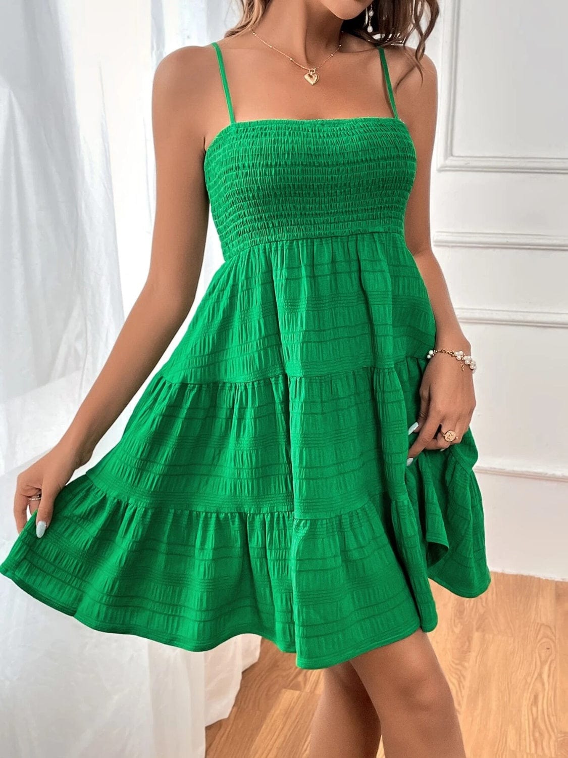 Trendsi Green / S Smocked Tiered Sleeveless Mini Dress Smocked Tiered Sleeveless Mini Dress
