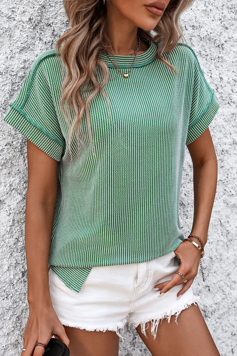 Trendsi Green / S Striped Round Neck Short Sleeve T-Shirt Striped Round Neck Short Sleeve T-Shirt