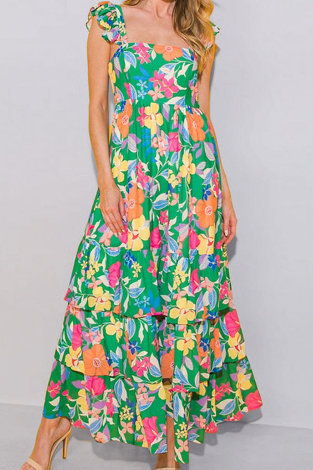 Trendsi Green / S Tiered Ruffled Printed Sleeveless Dress Tiered Ruffled Printed Sleeveless Dress