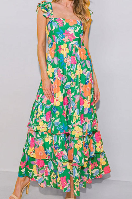 Trendsi Green / S Tiered Ruffled Printed Sleeveless Dress Tiered Ruffled Printed Sleeveless Dress