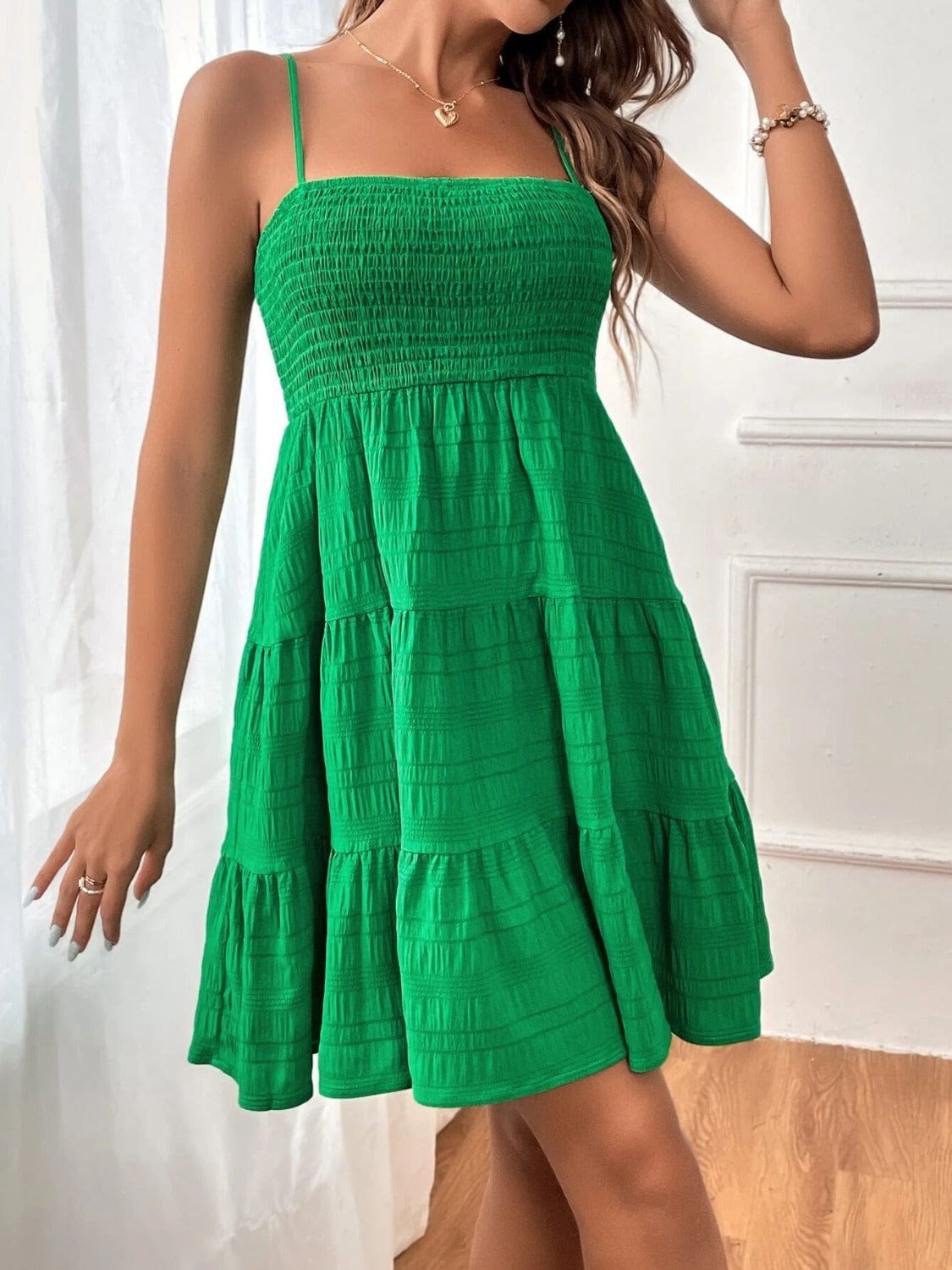 Trendsi Green / S Tiered Smocked Square Neck Cami Dress Tiered Smocked Square Neck Cami Dress