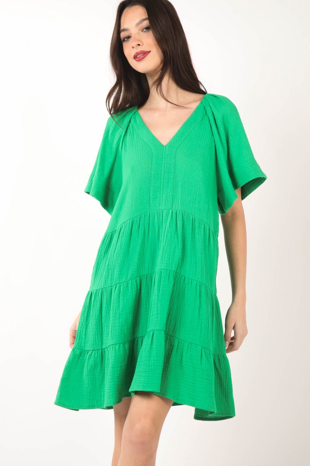 Trendsi Green / S VERY J Texture V-Neck Ruffled Tiered Dress VERY J Texture V-Neck Ruffled Tiered Dress