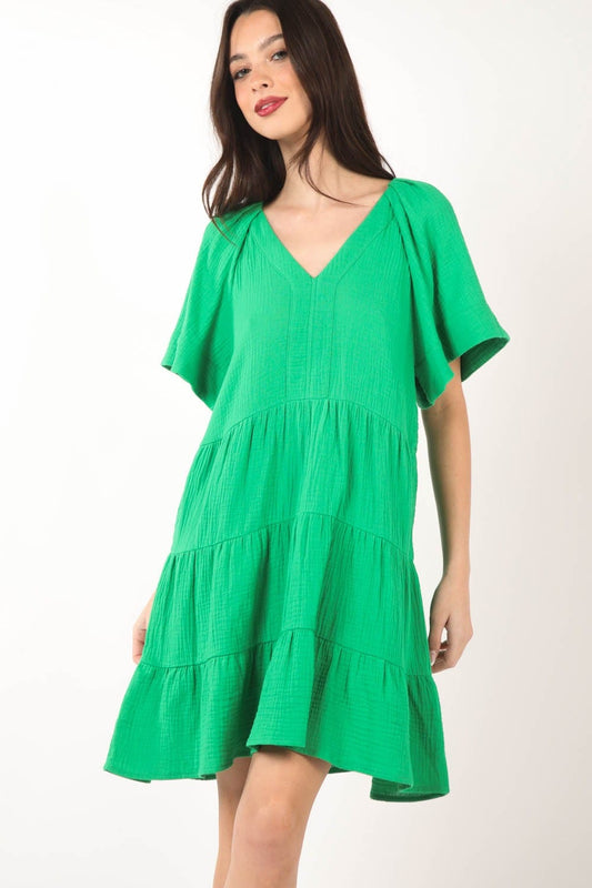 Trendsi Green / S VERY J Texture V-Neck Ruffled Tiered Dress VERY J Texture V-Neck Ruffled Tiered Dress