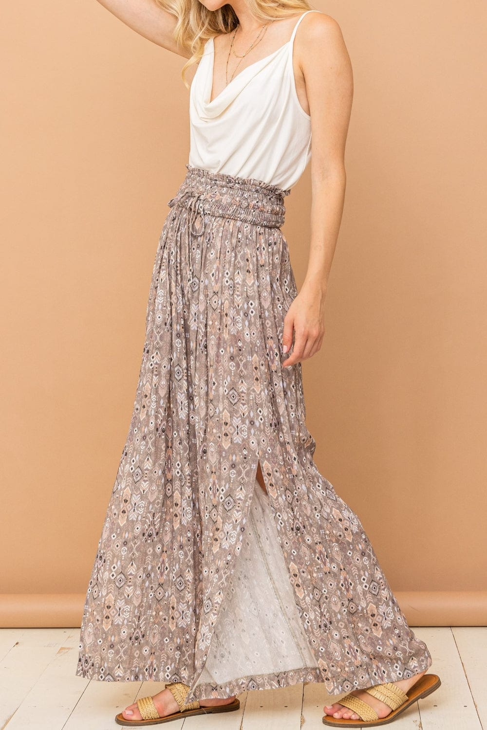 Trendsi Grey / S And The Why Printed Smocked Waist Slit Wide Leg Pants And The Why Printed Smocked Waist Slit Wide Leg Pants