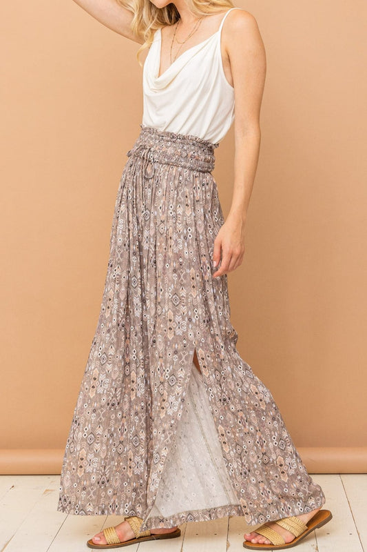 Trendsi Grey / S And The Why Printed Smocked Waist Slit Wide Leg Pants And The Why Printed Smocked Waist Slit Wide Leg Pants